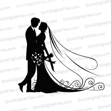 "Romantic silhouette of bride and groom in formal attire with decorative swirls."