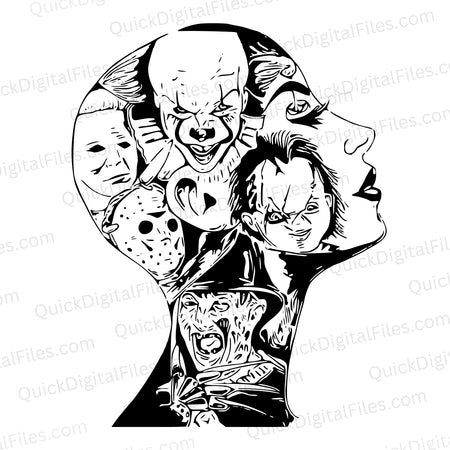 Black and white villainous beauty SVG graphic with iconic evil characters