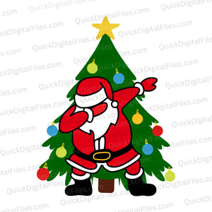 Santa Claus dabbing in front of Christmas tree graphic PNG
