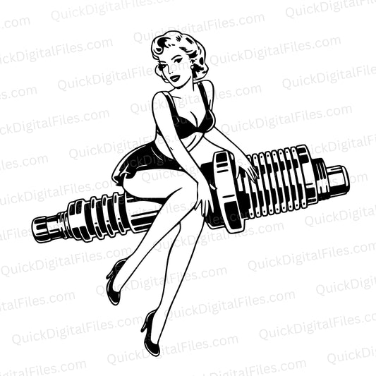 Vintage Pin-Up Girl Art – Woman on Spark Plug SVG, PNG & PDF