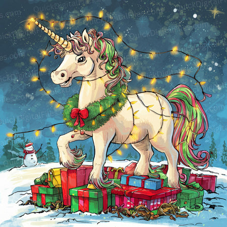 Colorful tail unicorn on snowy night with presents PNG image