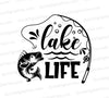 "Lake Life SVG with fishing pole and big fish design for outdoor enthusiasts."