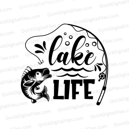 "Lake Life SVG with fishing pole and big fish design for outdoor enthusiasts."