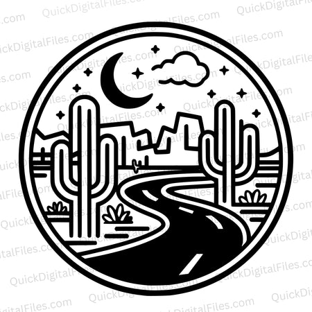 "Circular Desert Landscape Emblem with Night Sky SVG, PNG, JPEG"