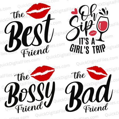Girls trip SVG designs with red lipstick kiss for t-shirts