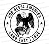 "Black and white silhouette of God Bless America eagle emblem with American flag."