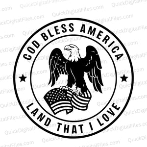 "Black and white silhouette of God Bless America eagle emblem with American flag."