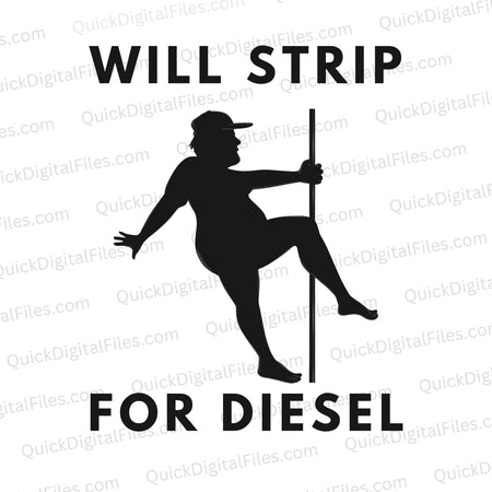 Playful chunky man on stripper pole graphic for diesel lovers.