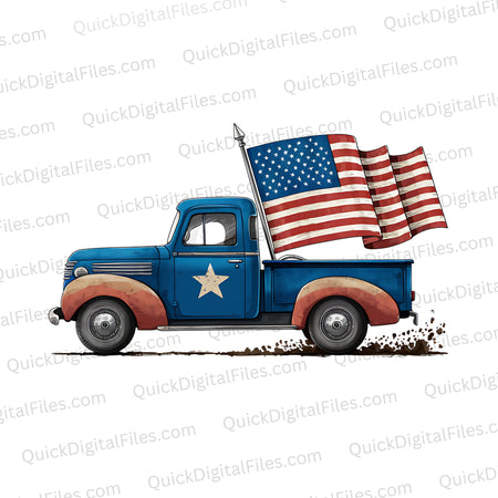 Vintage Blue Truck with American Flag Illustration png jpeg