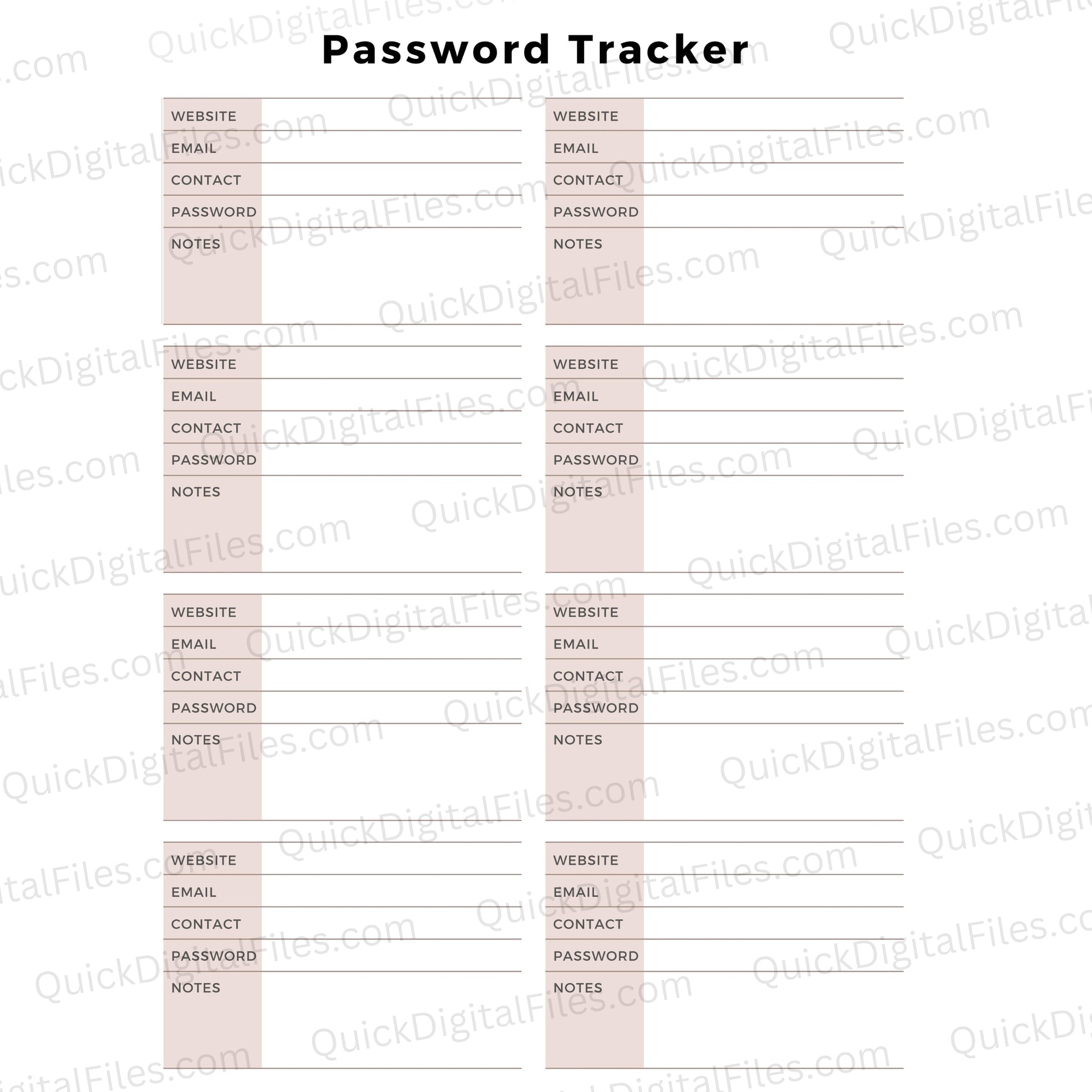 Printable Password Tracker PDF with sections for website, email, and notes
