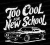 "Vintage muscle car t-shirt design in black and white."