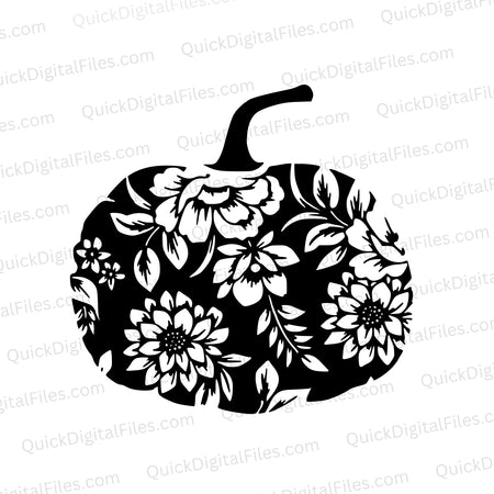 Black and white pumpkin SVG with flowers for autumn crafts and gifts.