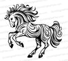 "Stylized rustic horse illustration in dynamic pose with intricate patterns."