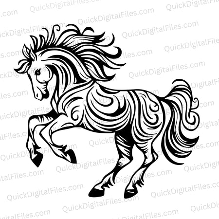 "Stylized rustic horse illustration in dynamic pose with intricate patterns."