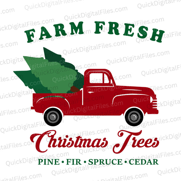 Farm fresh Christmas trees SVG with old truck and pine trees.
