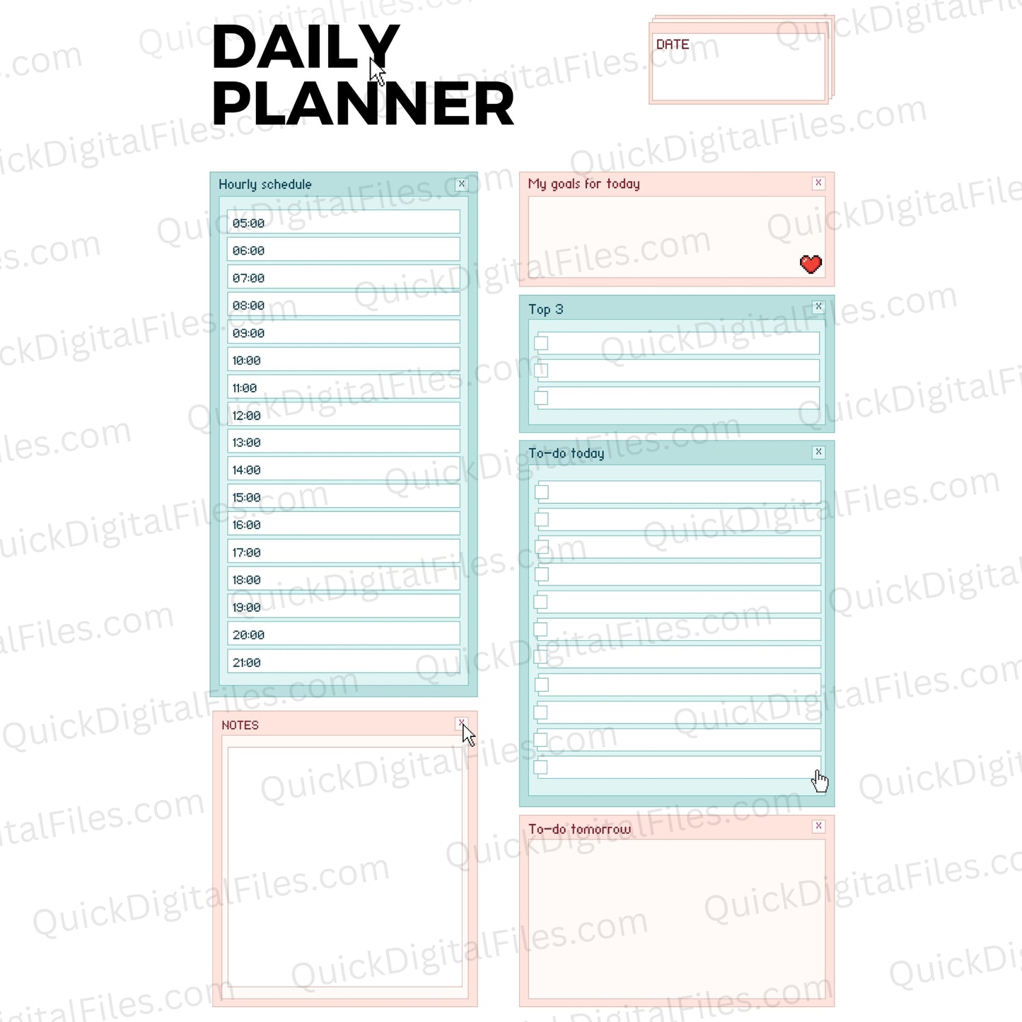 Printable Daily Planner PDF with hourly schedule and task lists
