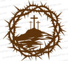 "Crown of Thorns and Three Crosses Religious Silhouette Design"