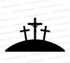 "Silhouette of three crosses on a hill, central cross larger, against a white background." calvary