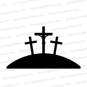 "Silhouette of three crosses on a hill, central cross larger, against a white background." calvary