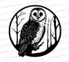 Detailed owl silhouette SVG on branch in forest for Cricut and engraving.