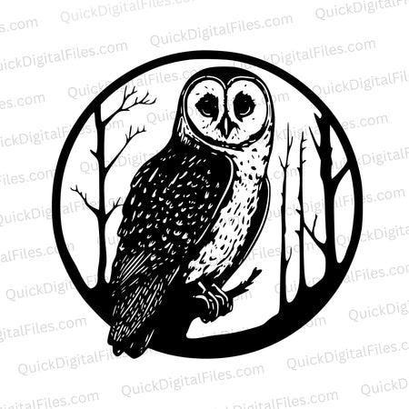 Detailed owl silhouette SVG on branch in forest for Cricut and engraving.