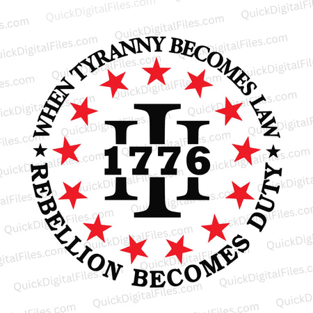 Striking design featuring red stars and powerful words: "Rebellion becomes duty - 1776."