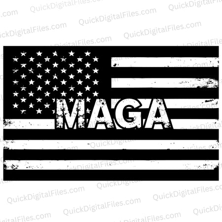 "Black and white American flag graphic with MAGA text in distressed font."