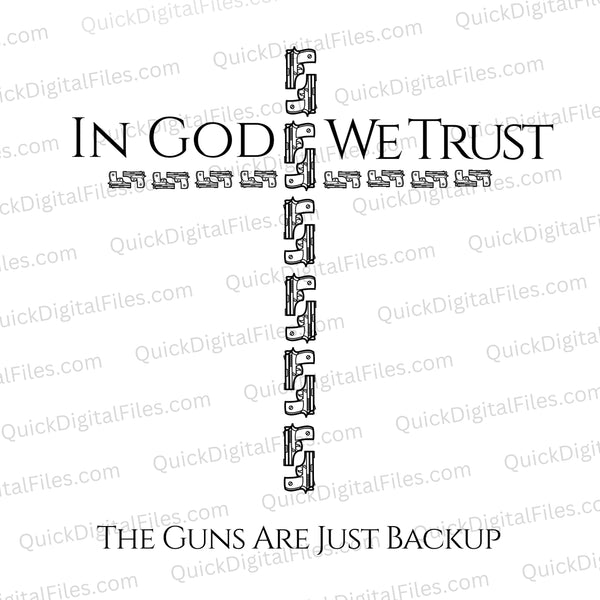 "All-black silhouette graphic of pistols shaped into a Christian cross with 'In God We Trust' text."