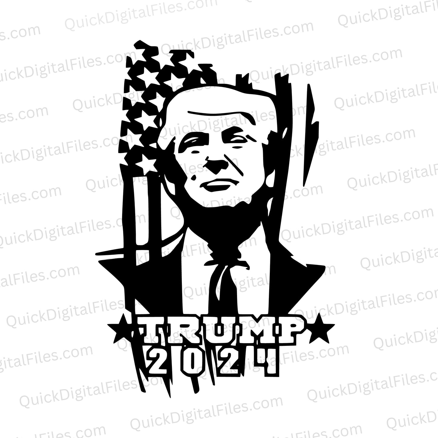 Patriotic Trump 2024 silhouette SVG with American flag background.
