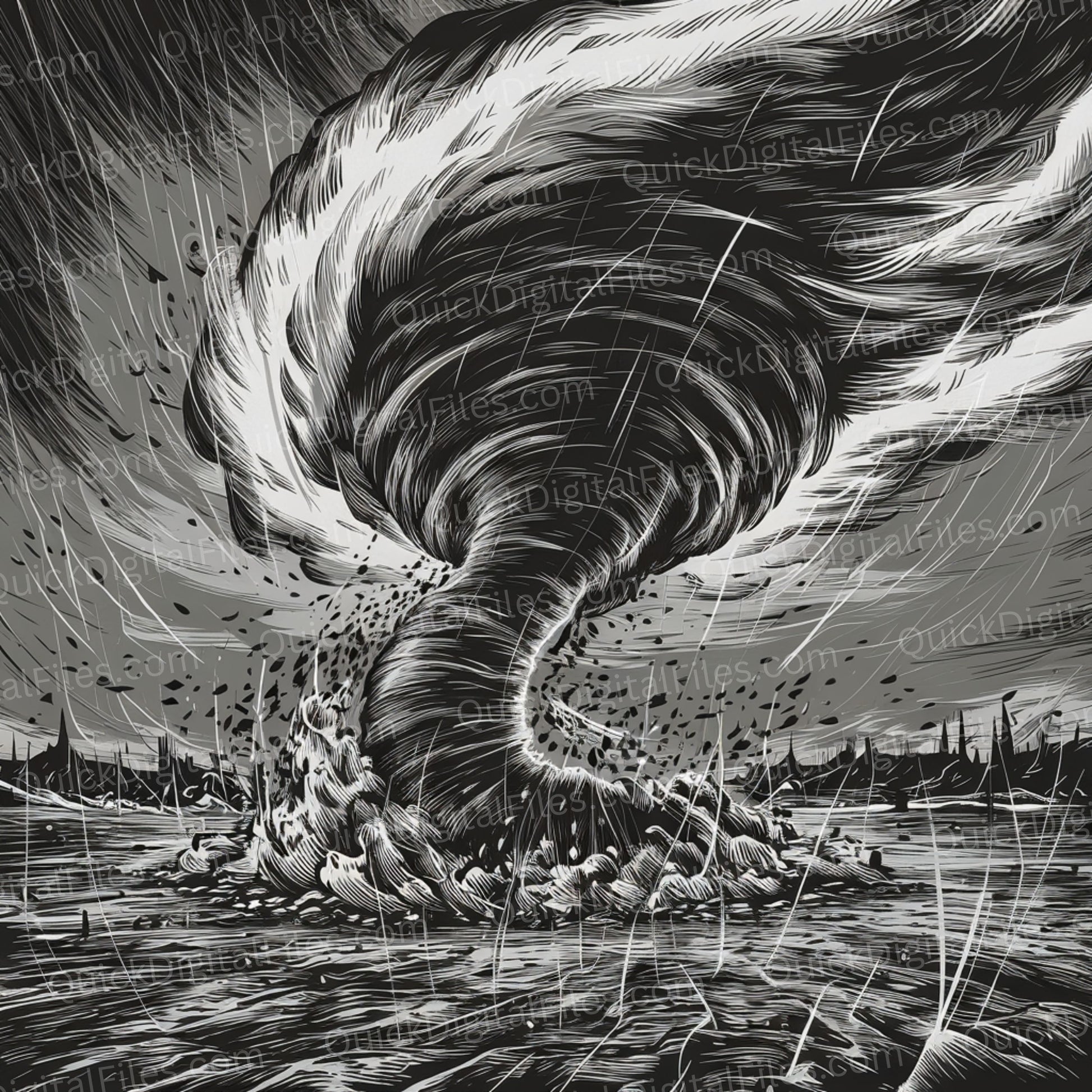 Engaging cartoon PNG of a cyclone swirling over deep blue ocean.