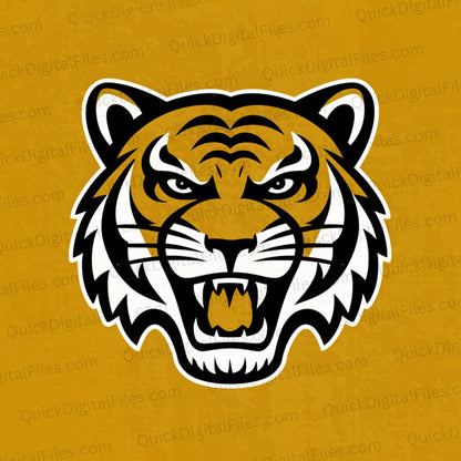 "Gold, black, and white tiger design with intense gaze for creative projects."