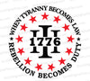 Black and red SVG graphic with bold text: "When tyranny becomes law, rebellion becomes duty - 1776."