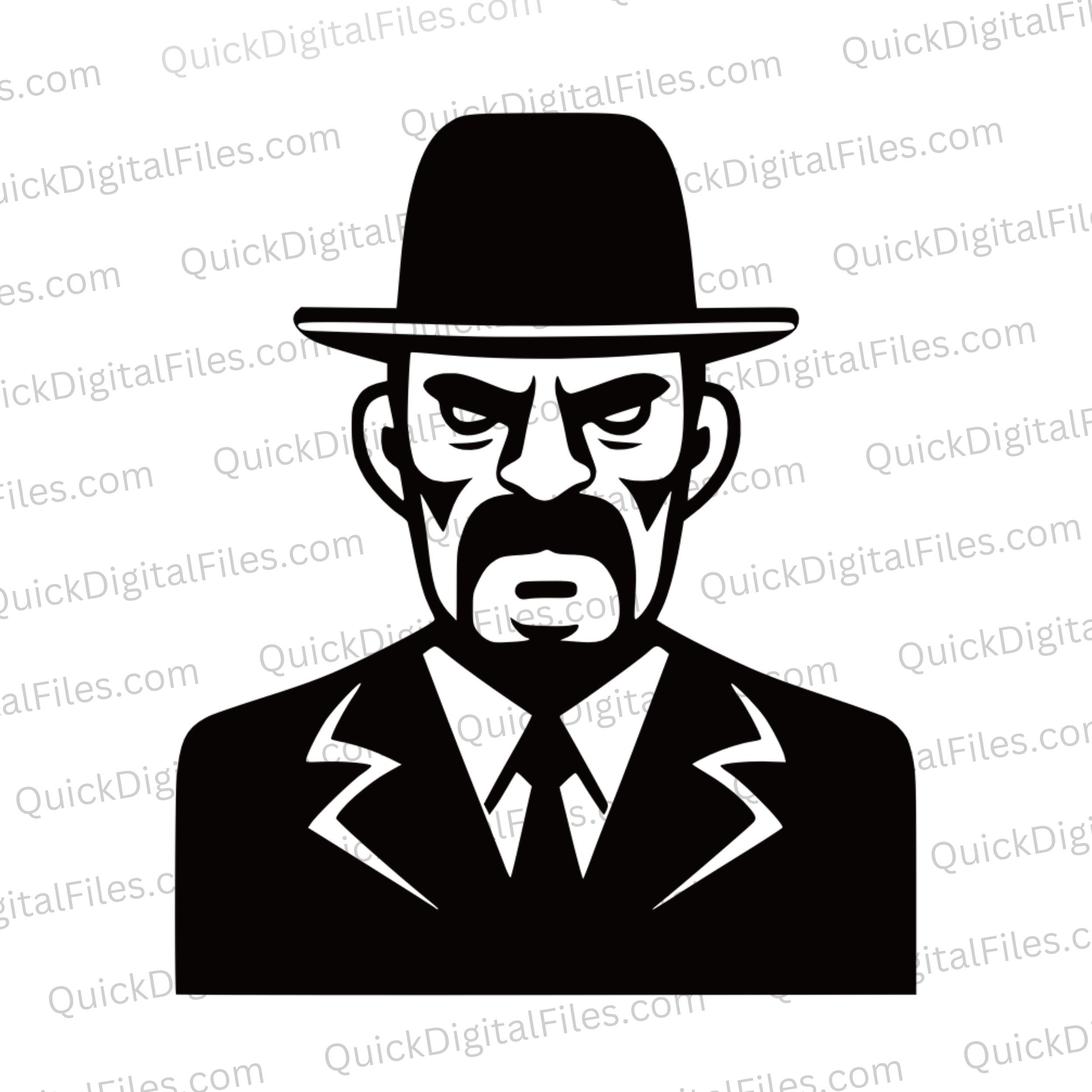 "Simple black illustration of a mafia gangster head bust in SVG, PNG, JPEG."