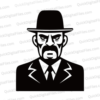 "Simple black illustration of a mafia gangster head bust in SVG, PNG, JPEG."