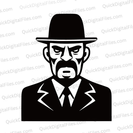 "Simple black illustration of a mafia gangster head bust in SVG, PNG, JPEG."