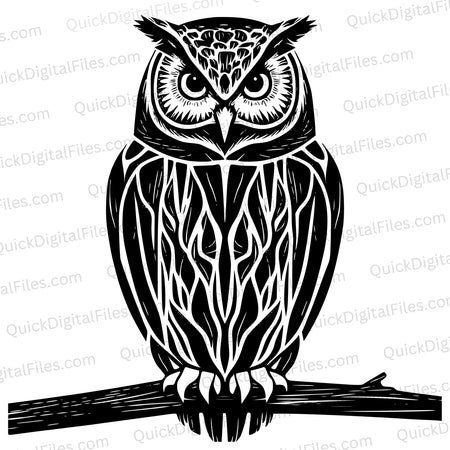 Detailed owl sitting on branch SVG black and white design