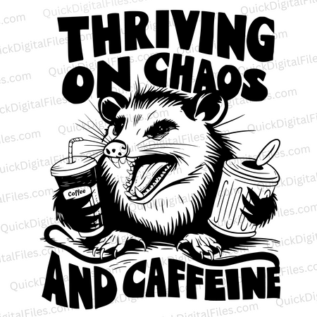 "Thriving on Chaos and Caffeine Possum Illustration SVG, PNG, JPEG, PDF"