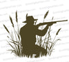 "Hunter silhouette in tall grass with rifle aiming upwards."