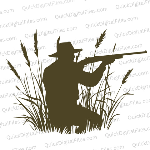 "Hunter silhouette in tall grass with rifle aiming upwards."