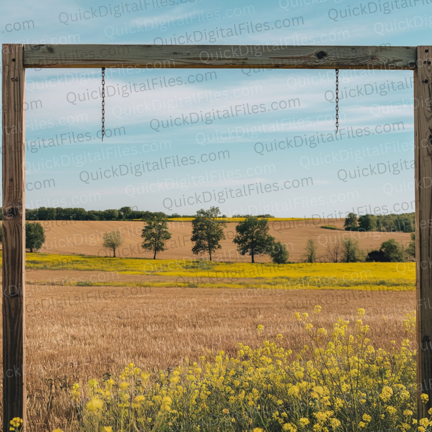 Rustic hanging mockup with clear blue sky and yellow flowers
