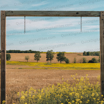 Rustic hanging mockup with clear blue sky and yellow flowers
