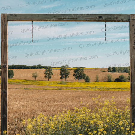 Rustic hanging mockup with clear blue sky and yellow flowers
