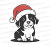 "Simple black and white clipart of a dog wearing a Santa Claus hat."