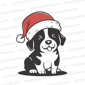 "Simple black and white clipart of a dog wearing a Santa Claus hat."