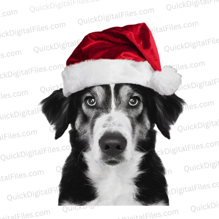"High-quality photo of a black and white dog wearing a red and white Santa hat."