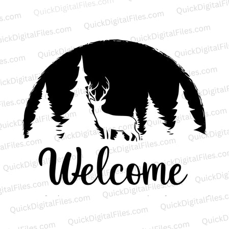 Deer in forest silhouette SVG with welcome inscription