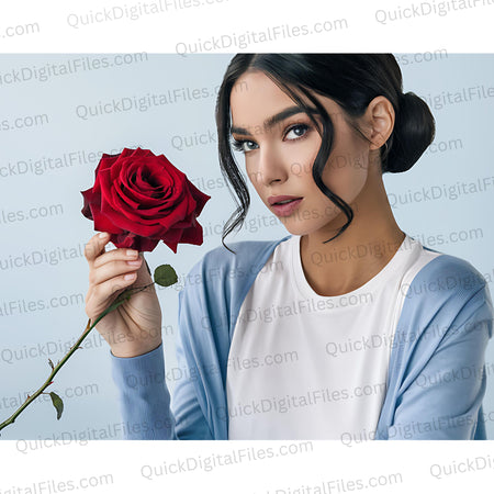 "T-Shirt Mockup with Woman Holding Red Rose PNG, JPEG, PDF"