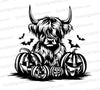 Highland cow with pumpkins and bats silhouette PNG
