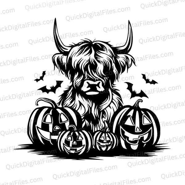 Highland cow with pumpkins and bats silhouette PNG
