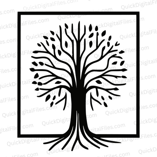 Leaf-adorned abstract tree SVG in black and white for elegant projects